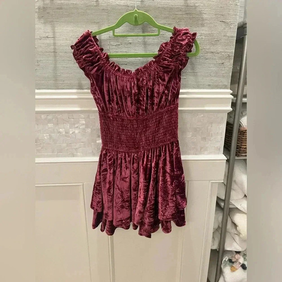NWT new Urban Outfitters velvet romper SMALL red wine ruffle strap smocked dress - Picture 16 of 17